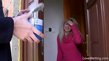 Workman In Toilet, Bursting To Pee, Pretty Young Girl Fails To Hold It For Long